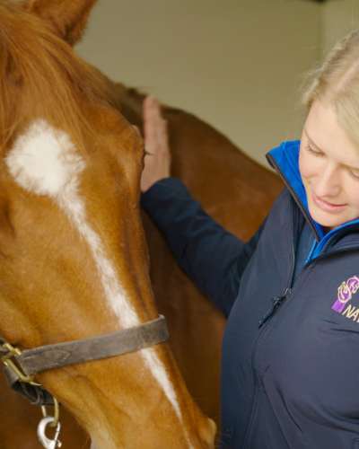 Blonde vet patting a chestnut horse
